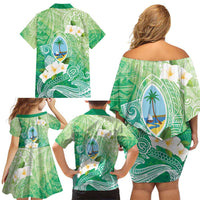 Hafa Adai Guam Chamorro Personalized Family Matching Off Shoulder Short Dress and Hawaiian Shirt Summer Green Latte Stone with Guasali LT7 - Polynesian Pride