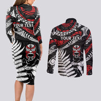 New Zealand Maori Rugby Personalised Couples Matching Long Sleeve Bodycon Dress and Long Sleeve Button Shirt Ta Moko Silver Fern LT7 - Polynesian Pride