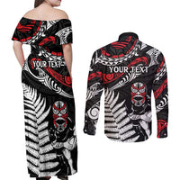 New Zealand Maori Rugby Personalised Couples Matching Off Shoulder Maxi Dress and Long Sleeve Button Shirt Ta Moko Silver Fern LT7 - Polynesian Pride