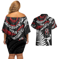 New Zealand Maori Rugby Personalised Couples Matching Off Shoulder Short Dress and Hawaiian Shirt Ta Moko Silver Fern LT7 - Polynesian Pride