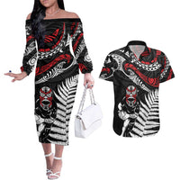 New Zealand Maori Rugby Personalised Couples Matching Off The Shoulder Long Sleeve Dress and Hawaiian Shirt Ta Moko Silver Fern LT7 Black - Polynesian Pride