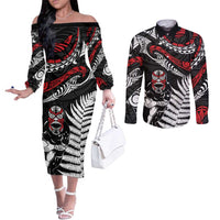 New Zealand Maori Rugby Personalised Couples Matching Off The Shoulder Long Sleeve Dress and Long Sleeve Button Shirt Ta Moko Silver Fern LT7 Black - Polynesian Pride