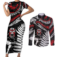 New Zealand Maori Rugby Personalised Couples Matching Short Sleeve Bodycon Dress and Long Sleeve Button Shirt Ta Moko Silver Fern LT7 Black - Polynesian Pride