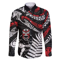 New Zealand Maori Rugby Personalised Family Matching Puletasi and Hawaiian Shirt Ta Moko Silver Fern LT7 Dad's Shirt - Long Sleeve Black - Polynesian Pride