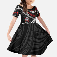 New Zealand Maori Rugby Personalised Family Matching Short Sleeve Bodycon Dress and Hawaiian Shirt Ta Moko Silver Fern LT7 Daughter's Dress Black - Polynesian Pride