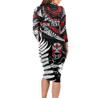 New Zealand Maori Rugby Personalised Long Sleeve Bodycon Dress Ta Moko Silver Fern LT7 - Polynesian Pride