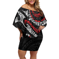 New Zealand Maori Rugby Personalised Off Shoulder Short Dress Ta Moko Silver Fern LT7 Women Black - Polynesian Pride
