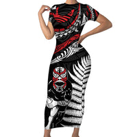 New Zealand Maori Rugby Personalised Short Sleeve Bodycon Dress Ta Moko Silver Fern LT7 Long Dress Black - Polynesian Pride