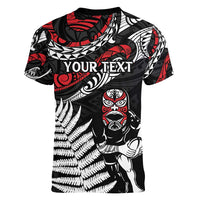 New Zealand Maori Rugby Personalised Women V-Neck T-Shirt Ta Moko Silver Fern LT7 - Polynesian Pride