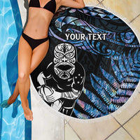 New Zealand Maori Rugby Personalised Beach Blanket Ta Moko Silver Fern - Paua Blue LT7 - Polynesian Pride