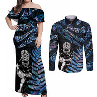 New Zealand Maori Rugby Personalised Couples Matching Off Shoulder Maxi Dress and Long Sleeve Button Shirt Ta Moko Silver Fern - Paua Blue LT7 Blue - Polynesian Pride