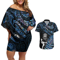 New Zealand Maori Rugby Personalised Couples Matching Off Shoulder Short Dress and Hawaiian Shirt Ta Moko Silver Fern - Paua Blue LT7 Blue - Polynesian Pride