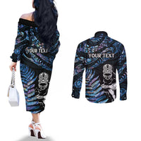 New Zealand Maori Rugby Personalised Couples Matching Off The Shoulder Long Sleeve Dress and Long Sleeve Button Shirt Ta Moko Silver Fern - Paua Blue LT7 - Polynesian Pride