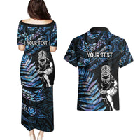 New Zealand Maori Rugby Personalised Couples Matching Puletasi and Hawaiian Shirt Ta Moko Silver Fern - Paua Blue LT7 - Polynesian Pride