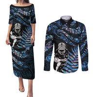 New Zealand Maori Rugby Personalised Couples Matching Puletasi and Long Sleeve Button Shirt Ta Moko Silver Fern - Paua Blue LT7 Blue - Polynesian Pride