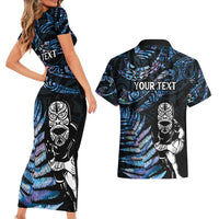 New Zealand Maori Rugby Personalised Couples Matching Short Sleeve Bodycon Dress and Hawaiian Shirt Ta Moko Silver Fern - Paua Blue LT7 - Polynesian Pride