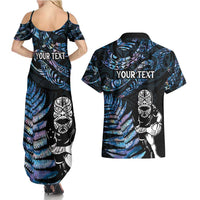 New Zealand Maori Rugby Personalised Couples Matching Summer Maxi Dress and Hawaiian Shirt Ta Moko Silver Fern - Paua Blue LT7 - Polynesian Pride