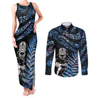 New Zealand Maori Rugby Personalised Couples Matching Tank Maxi Dress and Long Sleeve Button Shirt Ta Moko Silver Fern - Paua Blue LT7 Blue - Polynesian Pride