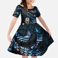 New Zealand Maori Rugby Personalised Family Matching Off The Shoulder Long Sleeve Dress and Hawaiian Shirt Ta Moko Silver Fern - Paua Blue LT7 Daughter's Dress Blue - Polynesian Pride