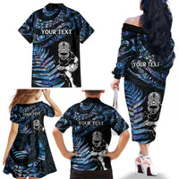 New Zealand Maori Rugby Personalised Family Matching Off The Shoulder Long Sleeve Dress and Hawaiian Shirt Ta Moko Silver Fern - Paua Blue LT7 - Polynesian Pride