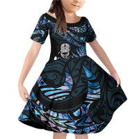 New Zealand Maori Rugby Personalised Family Matching Off Shoulder Short Dress and Hawaiian Shirt Ta Moko Silver Fern - Paua Blue LT7 Daughter's Dress Blue - Polynesian Pride