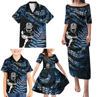 New Zealand Maori Rugby Personalised Family Matching Puletasi and Hawaiian Shirt Ta Moko Silver Fern - Paua Blue LT7 - Polynesian Pride