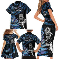 New Zealand Maori Rugby Personalised Family Matching Short Sleeve Bodycon Dress and Hawaiian Shirt Ta Moko Silver Fern - Paua Blue LT7 - Polynesian Pride