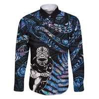 New Zealand Maori Rugby Personalised Family Matching Short Sleeve Bodycon Dress and Hawaiian Shirt Ta Moko Silver Fern - Paua Blue LT7 Dad's Shirt - Long Sleeve Blue - Polynesian Pride
