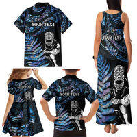 New Zealand Maori Rugby Personalised Family Matching Tank Maxi Dress and Hawaiian Shirt Ta Moko Silver Fern - Paua Blue LT7 - Polynesian Pride