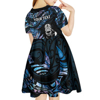 New Zealand Maori Rugby Personalised Kid Short Sleeve Dress Ta Moko Silver Fern - Paua Blue LT7 - Polynesian Pride
