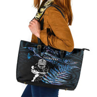 New Zealand Maori Rugby Personalised Leather Tote Bag Ta Moko Silver Fern - Paua Blue LT7 Blue - Polynesian Pride