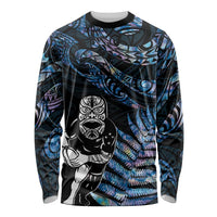 New Zealand Maori Rugby Personalised Long Sleeve Shirt Ta Moko Silver Fern - Paua Blue LT7 Unisex Blue - Polynesian Pride