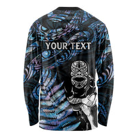 New Zealand Maori Rugby Personalised Long Sleeve Shirt Ta Moko Silver Fern - Paua Blue LT7 - Polynesian Pride