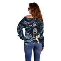 New Zealand Maori Rugby Personalised Off Shoulder Sweater Ta Moko Silver Fern - Paua Blue LT7 - Polynesian Pride