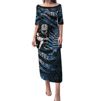 New Zealand Maori Rugby Personalised Puletasi Ta Moko Silver Fern - Paua Blue LT7 Long Dress Blue - Polynesian Pride