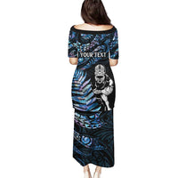 New Zealand Maori Rugby Personalised Puletasi Ta Moko Silver Fern - Paua Blue LT7 - Polynesian Pride