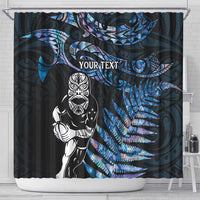 New Zealand Maori Rugby Personalised Shower Curtain Ta Moko Silver Fern - Paua Blue LT7 - Polynesian Pride