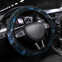 New Zealand Maori Rugby Steering Wheel Cover Ta Moko Silver Fern - Paua Blue LT7 Universal Fit Blue - Polynesian Pride