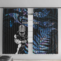 New Zealand Maori Rugby Personalised Window Curtain Ta Moko Silver Fern - Paua Blue LT7 With Hooks Blue - Polynesian Pride