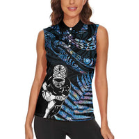 New Zealand Maori Rugby Personalised Women Sleeveless Polo Shirt Ta Moko Silver Fern - Paua Blue LT7 - Polynesian Pride