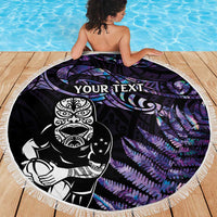 New Zealand Maori Rugby Personalised Beach Blanket Ta Moko Silver Fern - Paua Purple LT7 - Polynesian Pride