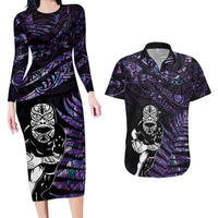 New Zealand Maori Rugby Personalised Couples Matching Long Sleeve Bodycon Dress and Hawaiian Shirt Ta Moko Silver Fern - Paua Purple LT7 Purple - Polynesian Pride