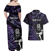 New Zealand Maori Rugby Personalised Couples Matching Off Shoulder Maxi Dress and Hawaiian Shirt Ta Moko Silver Fern - Paua Purple LT7 - Polynesian Pride