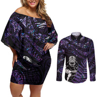 New Zealand Maori Rugby Personalised Couples Matching Off Shoulder Short Dress and Long Sleeve Button Shirt Ta Moko Silver Fern - Paua Purple LT7 Purple - Polynesian Pride