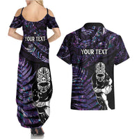New Zealand Maori Rugby Personalised Couples Matching Summer Maxi Dress and Hawaiian Shirt Ta Moko Silver Fern - Paua Purple LT7 - Polynesian Pride