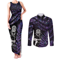 New Zealand Maori Rugby Personalised Couples Matching Tank Maxi Dress and Long Sleeve Button Shirt Ta Moko Silver Fern - Paua Purple LT7 Purple - Polynesian Pride