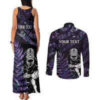 New Zealand Maori Rugby Personalised Couples Matching Tank Maxi Dress and Long Sleeve Button Shirt Ta Moko Silver Fern - Paua Purple LT7 - Polynesian Pride