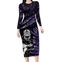 New Zealand Maori Rugby Personalised Family Matching Long Sleeve Bodycon Dress and Hawaiian Shirt Ta Moko Silver Fern - Paua Purple LT7 Mom's Dress Purple - Polynesian Pride