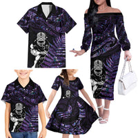 New Zealand Maori Rugby Personalised Family Matching Off The Shoulder Long Sleeve Dress and Hawaiian Shirt Ta Moko Silver Fern - Paua Purple LT7 - Polynesian Pride