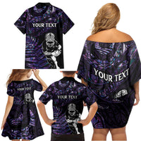 New Zealand Maori Rugby Personalised Family Matching Off Shoulder Short Dress and Hawaiian Shirt Ta Moko Silver Fern - Paua Purple LT7 - Polynesian Pride